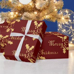 Gold Foil Holly Merry Christmas Wrapping Paper