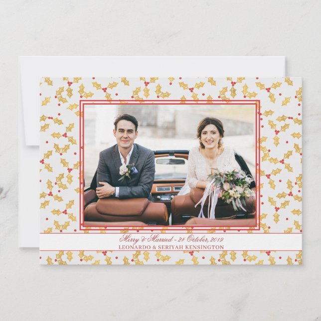 Gold Foil Holly Merry Married Christmas Photo Holiday Card (Front)