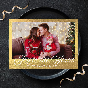 Gold Foil Joy to the World Elegant Script Photo Holiday Card