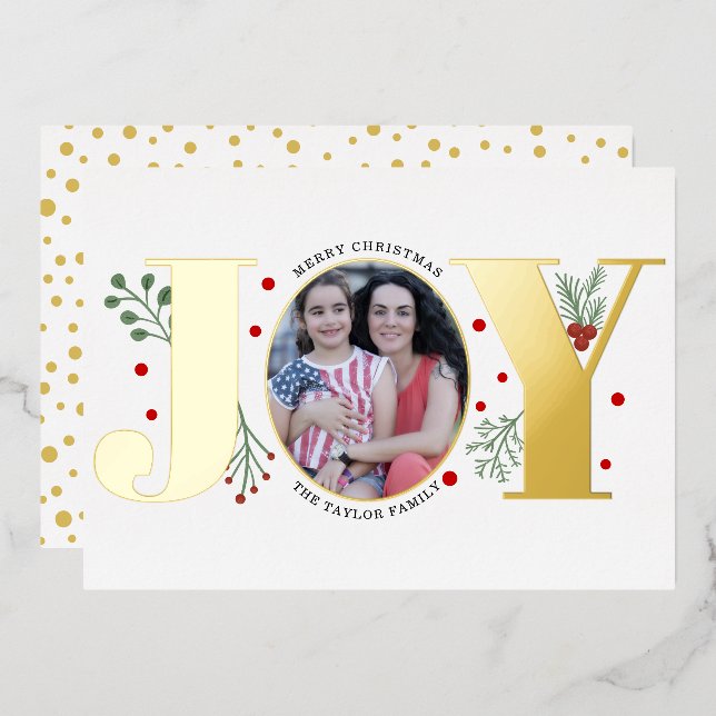 Gold foil Joy with berries Christmas photo (Front/Back)