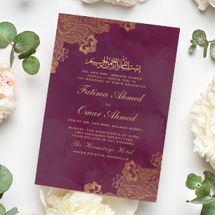 Gold Foil Lace Burgundy Islamic Muslim Wedding Invitation