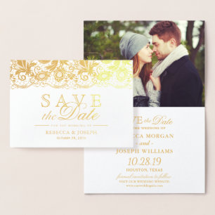 Gold Foil Lace Floral Wedding Save the Date Card