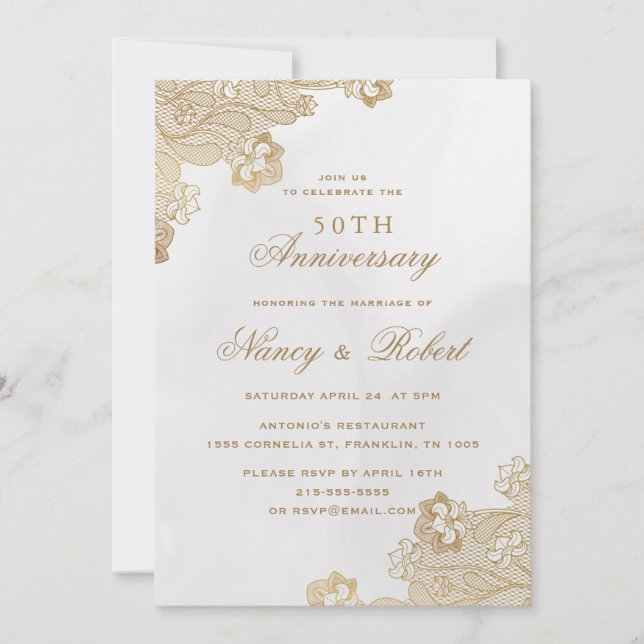 Gold Foil Lace Ornate 50th Wedding Anniversary Invitation (Front)