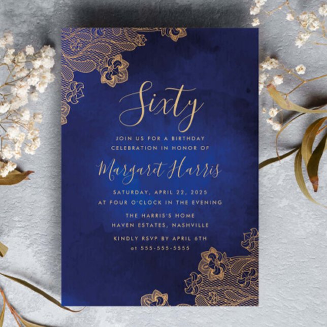 Gold Foil Lace Ornate Blue 60th Sixty Birthday Invitation (Creator Uploaded)