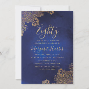 Gold Foil Lace Ornate Blue 80th Eighty Birthday Invitation