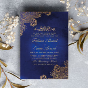 Gold Foil Lace Ornate Blue Islamic Muslim Wedding Invitation