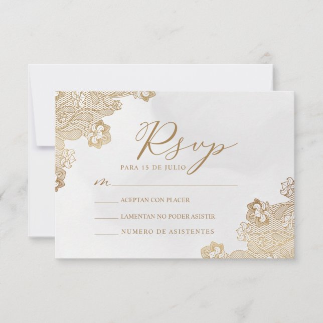 Gold Foil Lace Ornate Nuestra Boda Wedding RSVP Invitation (Front)