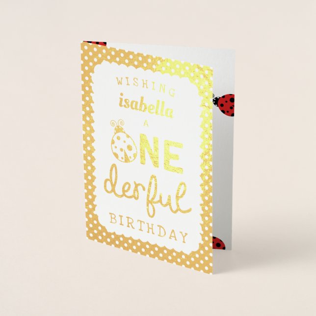Gold Foil Ladybug Onederful Birthday Card (Front)