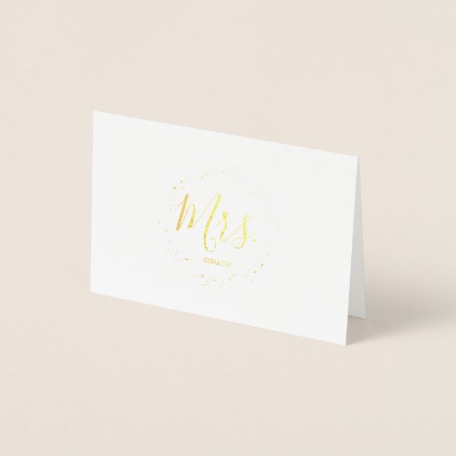 Gold Foil Leaf Frame Mrs. Wedding Thank You Cards (Front)