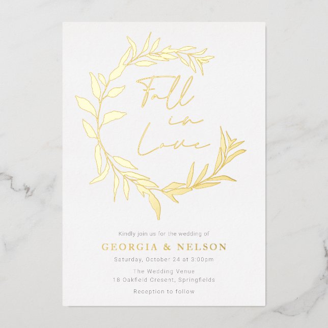 Gold Foil Leave Wreath Fall In Love Wedding (Front)