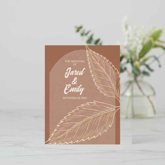 Gold Foil Leaves Mocha Wedding Invitation Postcard (Standing Front)