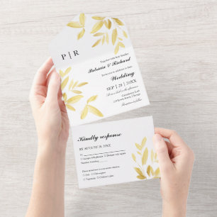 Gold Foil Leaves Monogram Elegant Wedding All In One Invitation