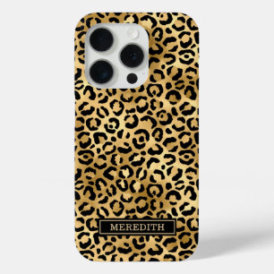 Gold Foil Leopard Print Monogrammed iPhone 15 Pro Case