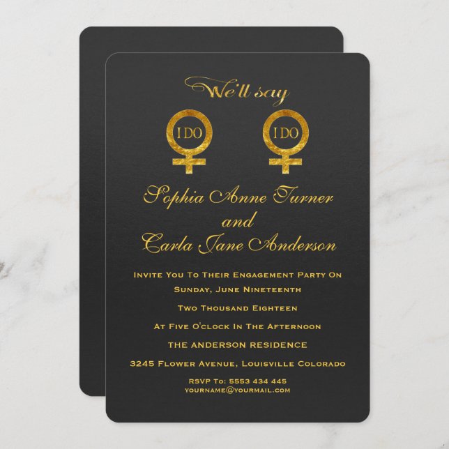 Gold Foil Lesbian Engagement Party Invitation (Front/Back)