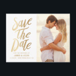 Gold Foil Lettering Photo Save the Date Announcement Postcard<br><div class="desc">Fully customisable save the date announcement postcard featuring faux gold foil typography. This photo save the date postcard is available as a magnet and flat card. A perfect way to announce your wedding date to your family and friends.</div>