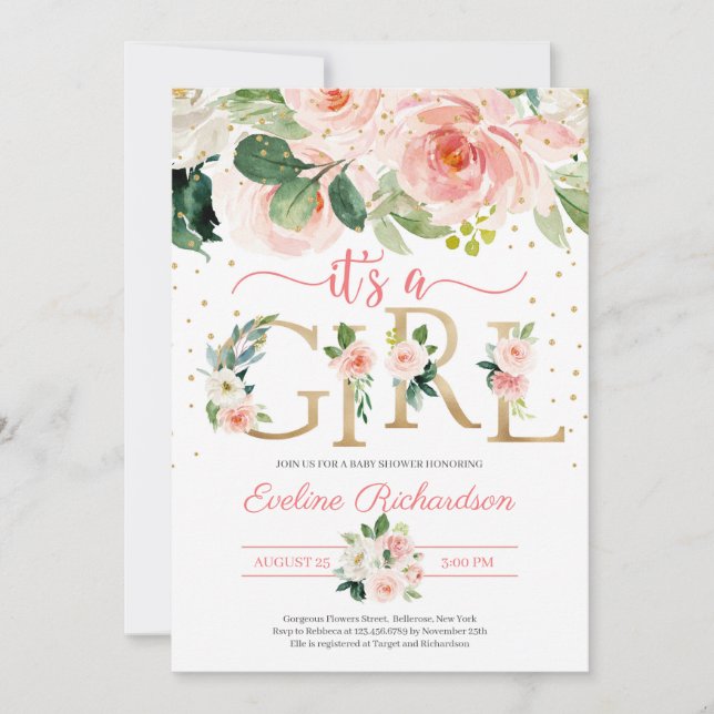 Gold foil letters it's a girl floral baby shower invitation (Front)