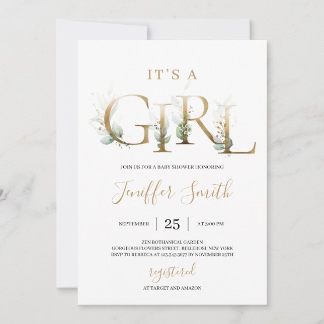 Gold foil letters it's a girl greenery baby shower invitation (Front)