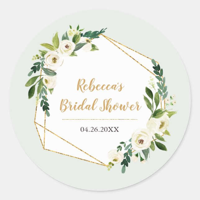 Gold Foil Look Geometric Frame and Flowers Party Classic Round Sticker (Front)