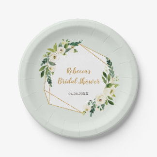 Gold Foil Look Geometric Frame and Flowers Party Paper Plate