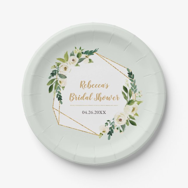 Gold Foil Look Geometric Frame and Flowers Party Paper Plate (Front)