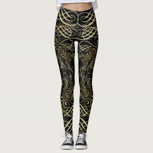 Gold Foil Look Scrollwork Script on Black Elegant Leggings
