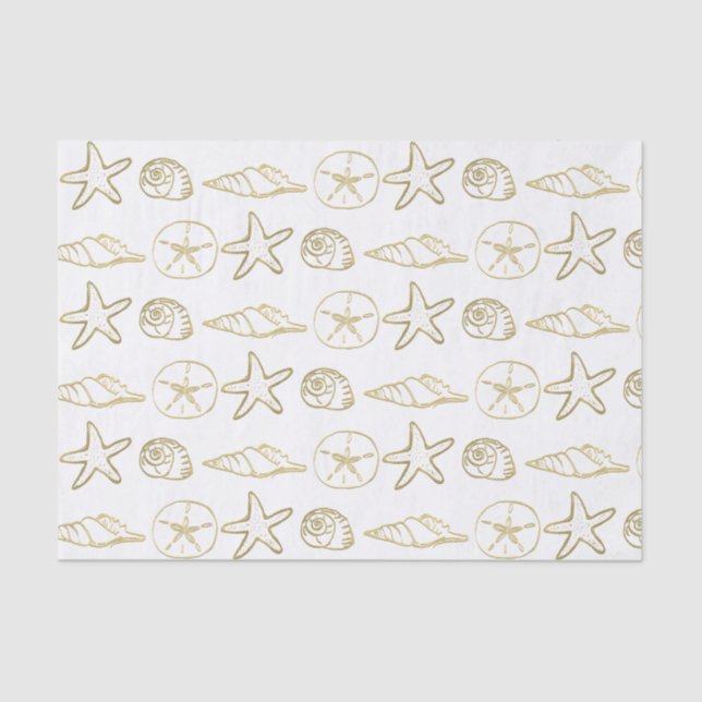 Gold Foil Look Sea Shells Chic Beach Elegant White Tissue Paper (Front)