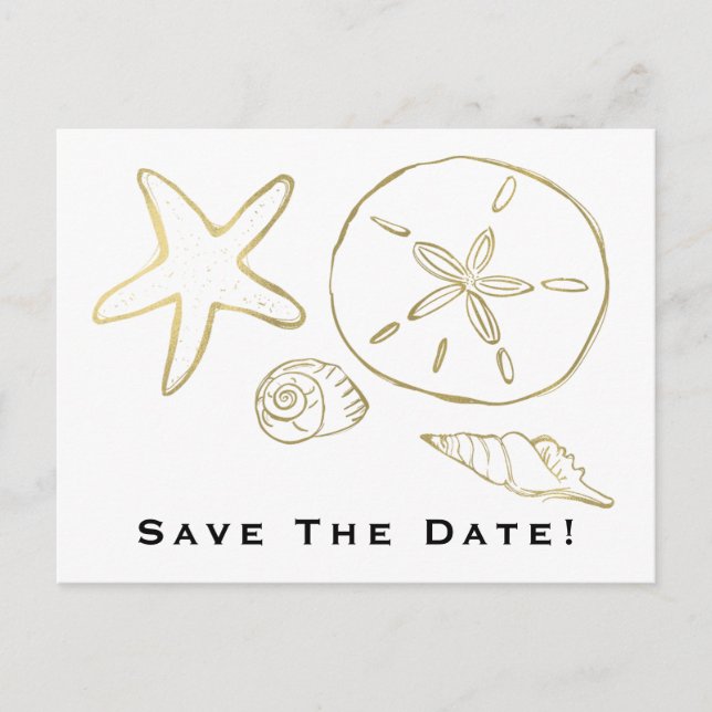 Gold Foil Look Sea Shells Chic Beach Save the Date Postcard (Front)