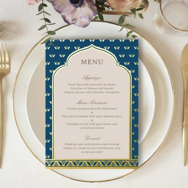 Gold Foil Lotus Flower Indian Wedding Menu Card (blue indian wedding reception menu, hindu wedding party menu, sangeet menu, mehndi menu, dholki menu)