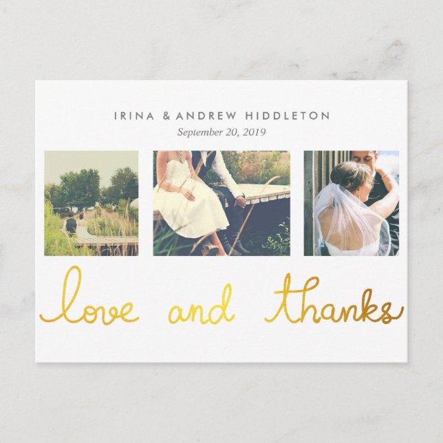 Gold Foil Love And Thanks Script Three Photos Postcard (Front)