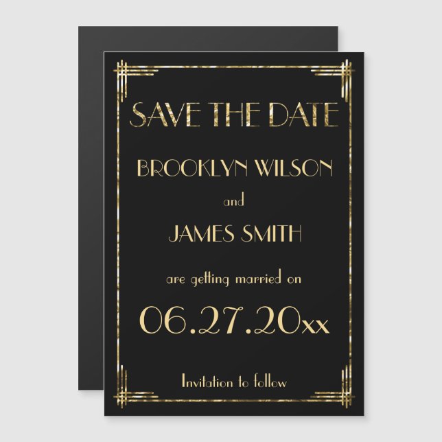Gold Foil Magnetic Art Deco Wedding Save The Date Magnetic Invitation (Front/Back)
