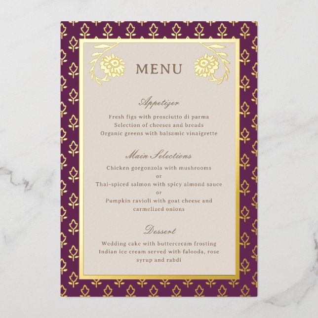 Gold Foil Marigold Flower Wedding Menu Card (Front)
