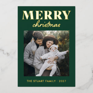 Gold Foil Merry Chrismas Family Photo Modern Green