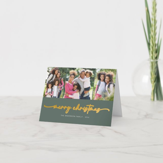 Gold Foil Merry Christmas | Modern Three Photo  Holiday Card (Front)