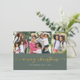 Gold Foil Merry Christmas Modern Three Photo Holiday Card