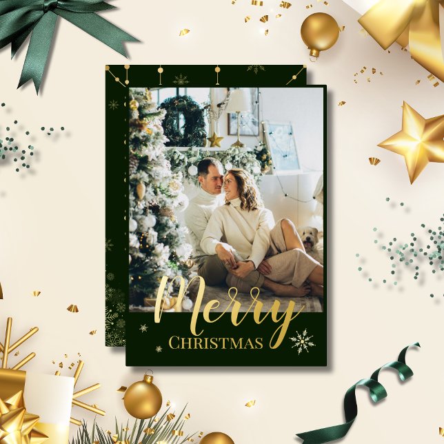 Gold Foil Merry Christmas Script Green Photo (Creator Uploaded)