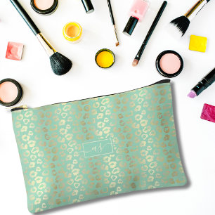 Gold Foil Mint Green Leopard Print Monogrammed Accessory Pouch