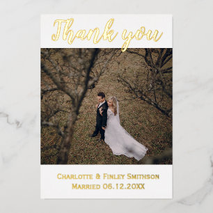 Gold foil modern 2 photo wedding thank you card