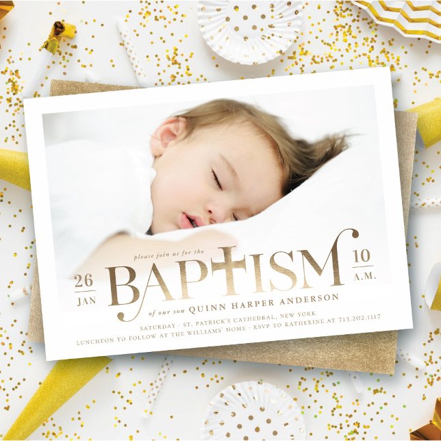 Gold Foil Modern Bold Cross Stylish Baptism Photo Invitation (Faux Gold Foil Modern Classic Bold Cross Stylish Baptism Photo Invitation @ fat_fa_tin)