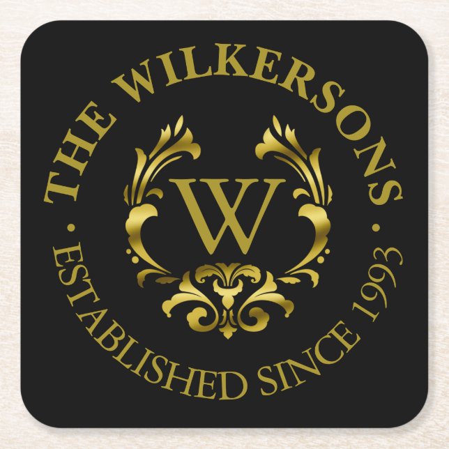 Gold Foil Monogram Emblem | Choose Your Colour Square Paper Coaster (Front)