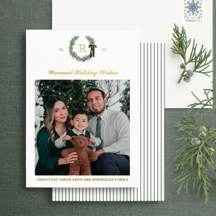 Gold Foil Monogram Wreath Crest Photo Holiday Card