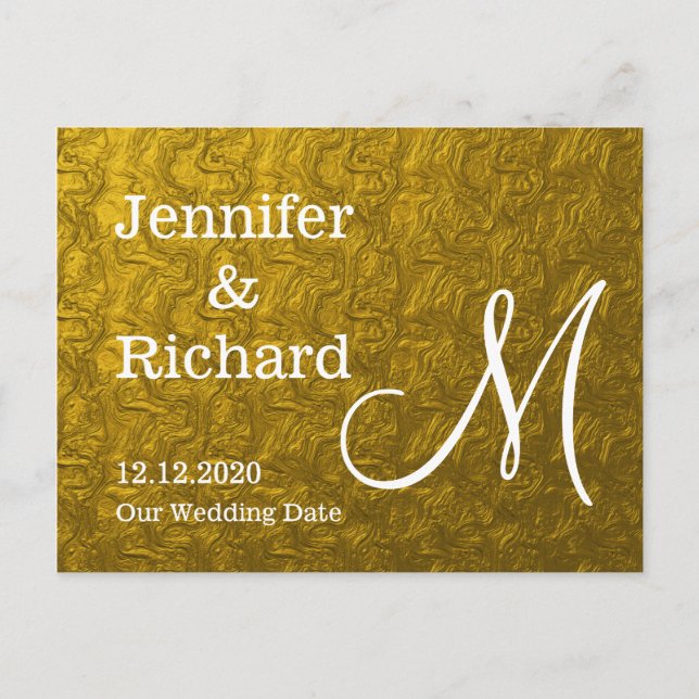 Gold Foil Monogrammed Save The Date Announcement Postcard (Front)