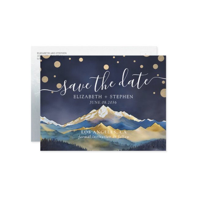 Gold Foil Mountains Wedding Photo Save the Date Announcement Postcard (Front/Back In Situ)