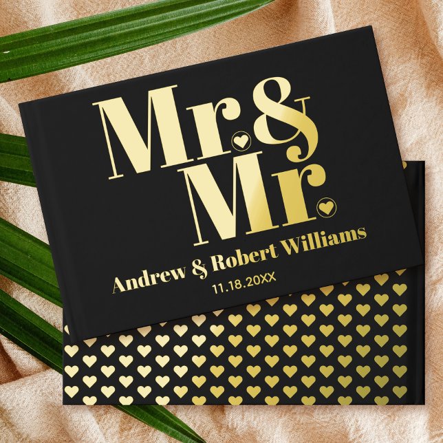 Gold foil Mr. and Mr. typography black gay wedding Guest Book (Creator Uploaded)