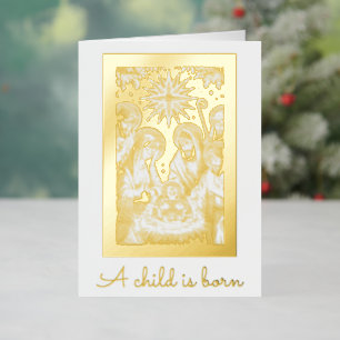 Gold Foil Nativity Personalise Signature Christmas Foil Holiday Card