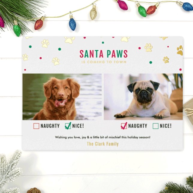 Gold Foil Naughty or Nice Two Dog Photo Card (Creator Uploaded)