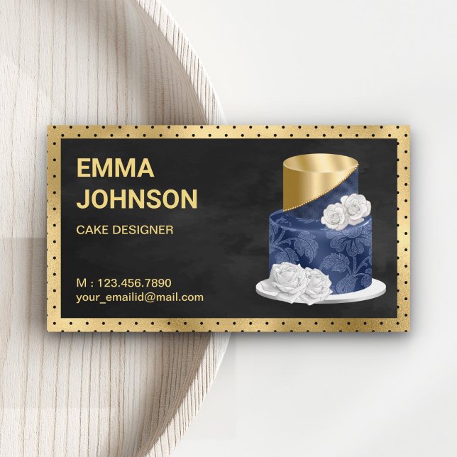 Gold Foil Navy Blue Floral Cake Pastry Chef Bakery Business Card (Creator Uploaded)