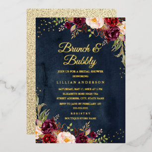 GOLD FOIL Navy Burgundy Floral Brunch And Bubbly