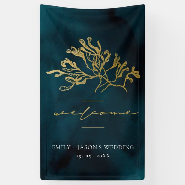 GOLD FOIL NAVY UNDERWATER SEAWEED WEDDING WELCOME BANNER (Vertical)
