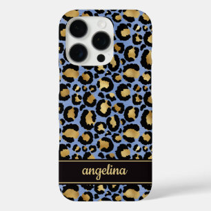 Gold Foil On Blue Leopard Print Monogrammed iPhone 16 Pro Case