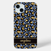 Gold Foil On Blue Leopard Print Monogrammed